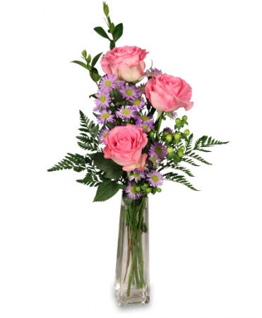 EA 1212 3 Beautiful roses in a slender vase with greens and pretty extras