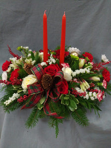 XC 1154 two candle festive centrepiece with bow and accents